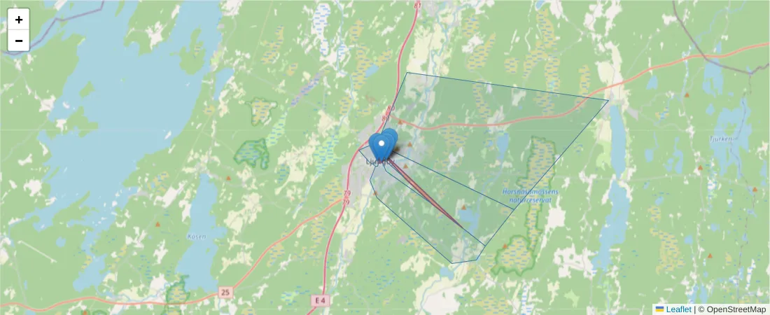 Karta över postnummerområdet  och angränsande postnummer i Sverige