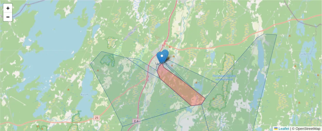 Karta över postnummerområdet  och angränsande postnummer i Sverige