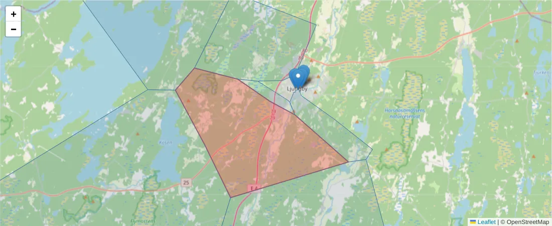 Karta över postnummerområdet  och angränsande postnummer i Sverige