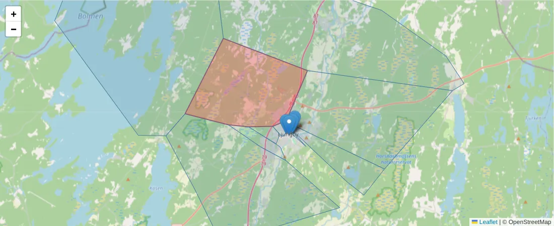 Karta över postnummerområdet  och angränsande postnummer i Sverige