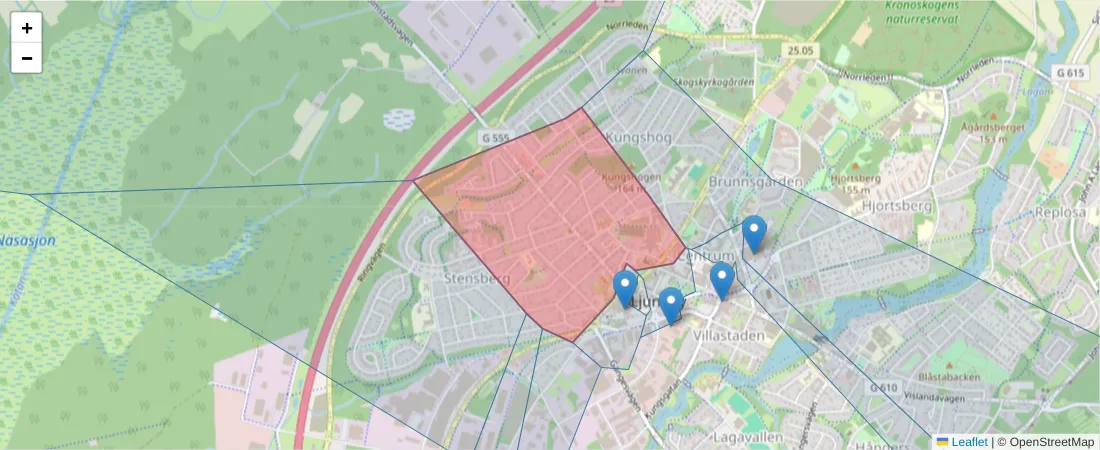 Karta över postnummerområdet  och angränsande postnummer i Sverige