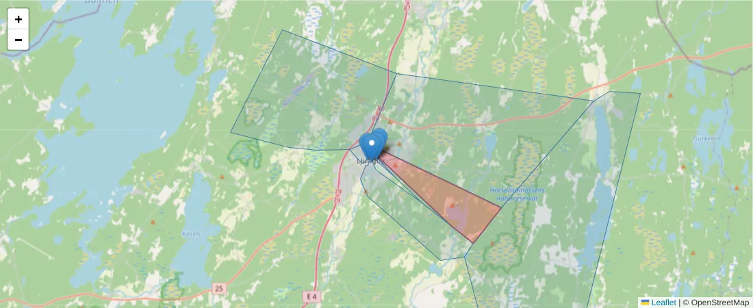 Karta över postnummerområdet  och angränsande postnummer i Sverige