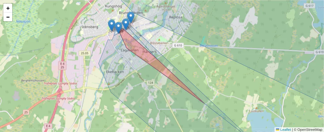 Karta över postnummerområdet  och angränsande postnummer i Sverige