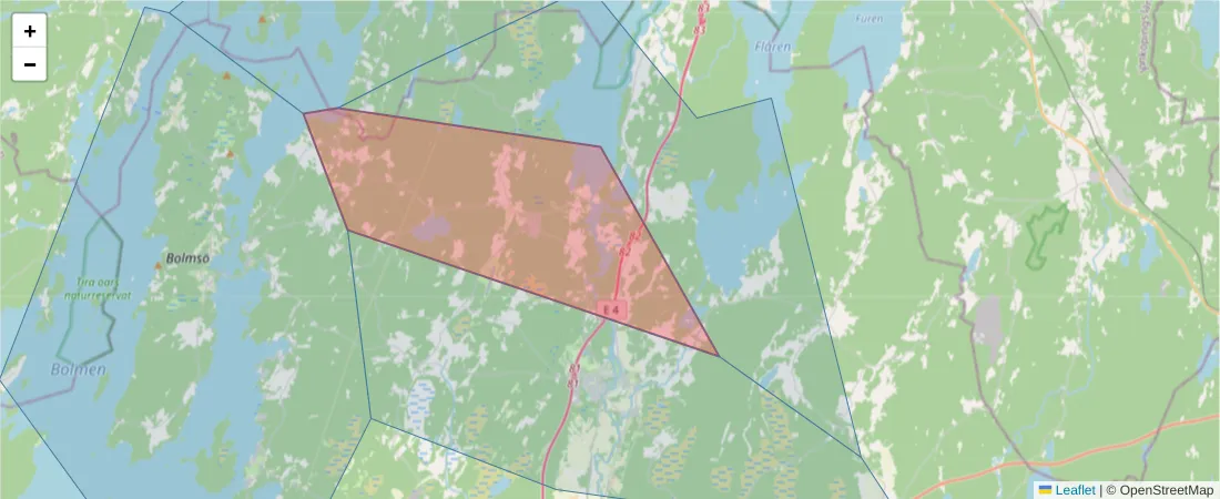 Karta över postnummerområdet  och angränsande postnummer i Sverige
