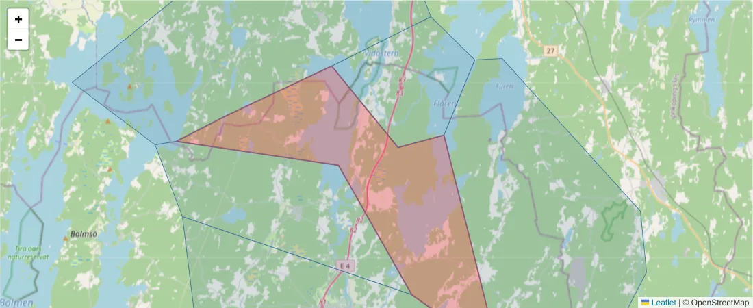 Karta över postnummerområdet  och angränsande postnummer i Sverige
