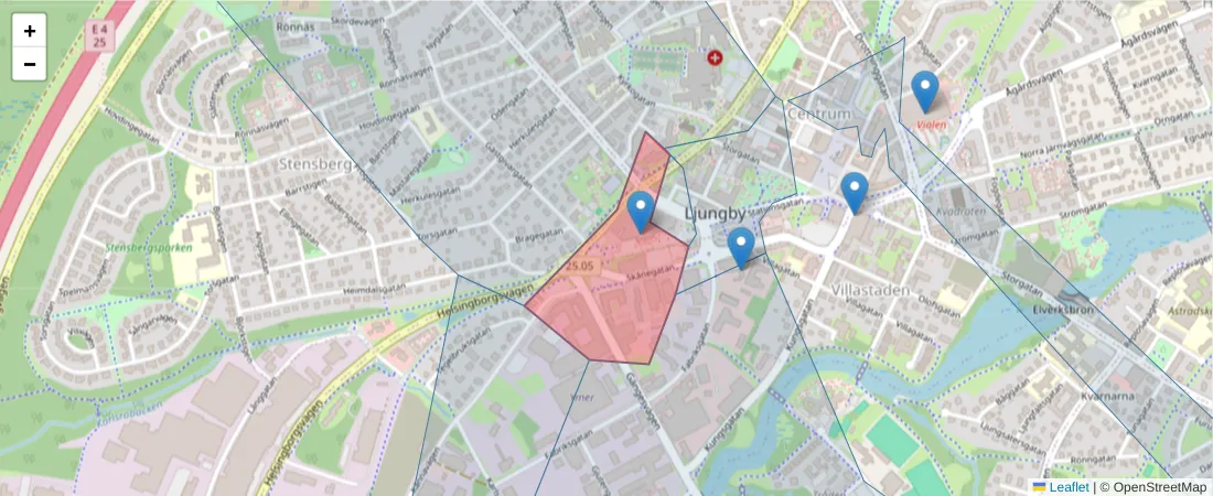 Karta över postnummerområdet  och angränsande postnummer i Sverige