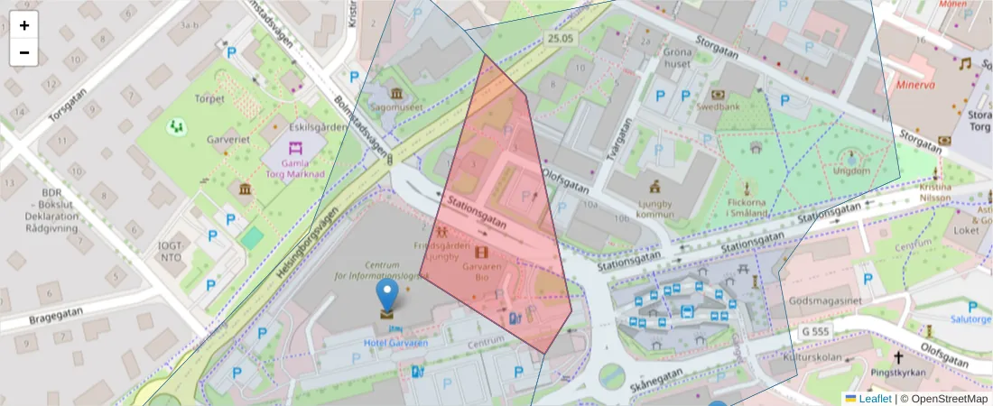 Karta över postnummerområdet  och angränsande postnummer i Sverige