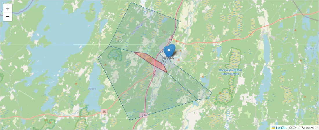 Karta över postnummerområdet  och angränsande postnummer i Sverige