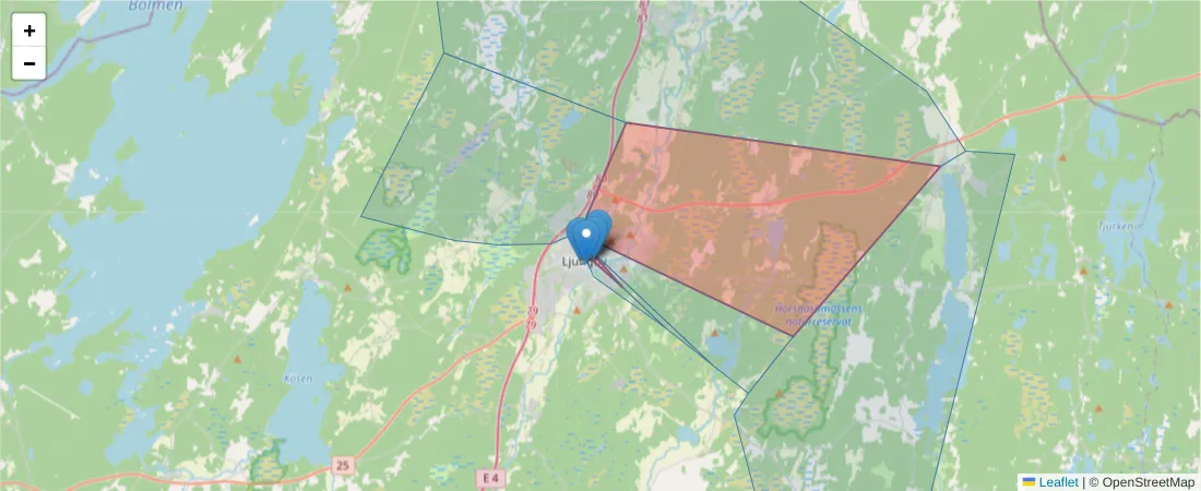 Karta över postnummerområdet  och angränsande postnummer i Sverige