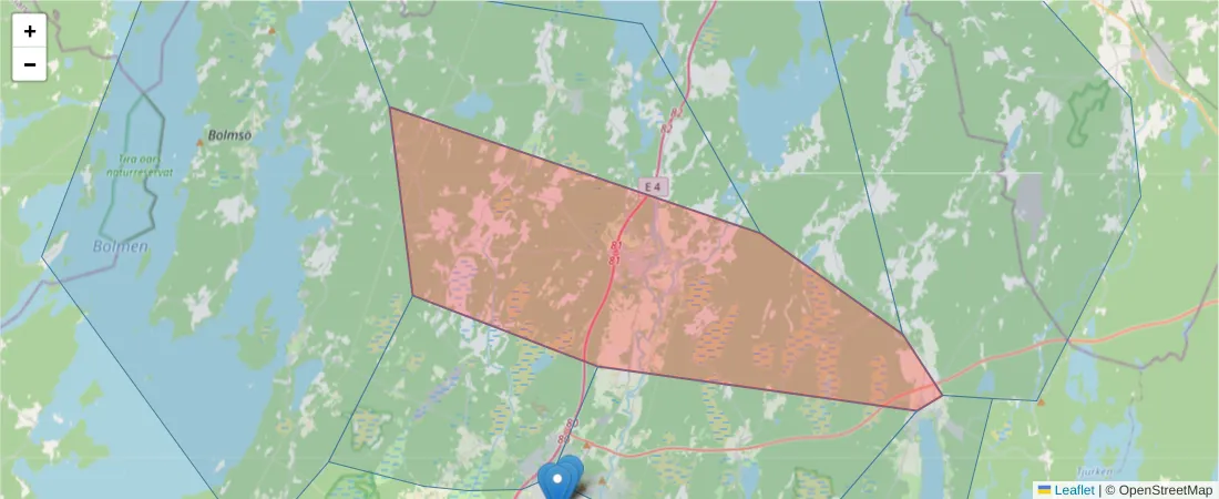 Karta över postnummerområdet  och angränsande postnummer i Sverige
