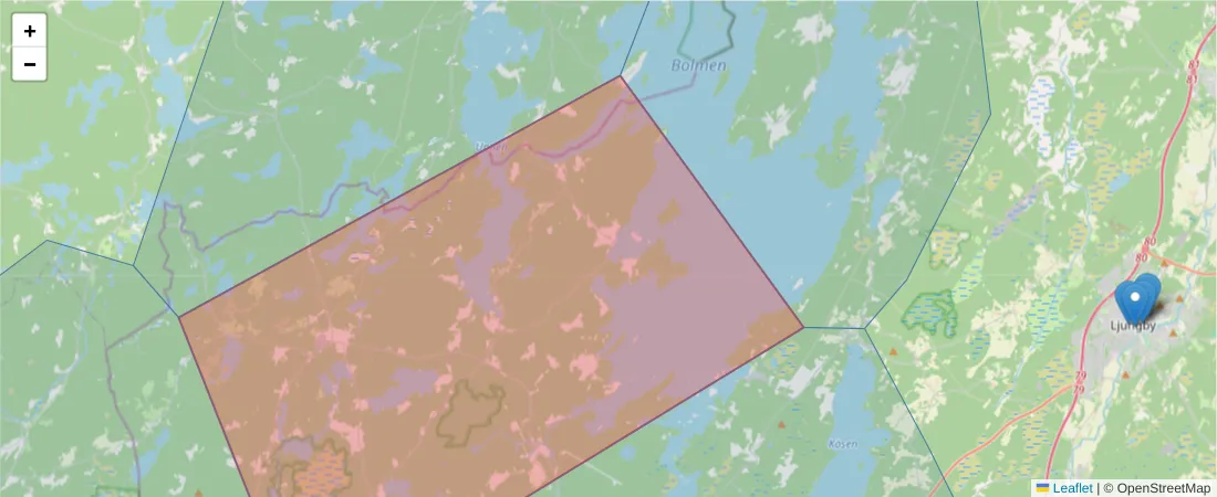Karta över postnummerområdet  och angränsande postnummer i Sverige