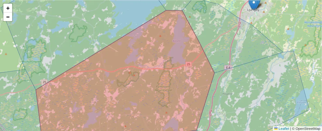 Karta över postnummerområdet  och angränsande postnummer i Sverige