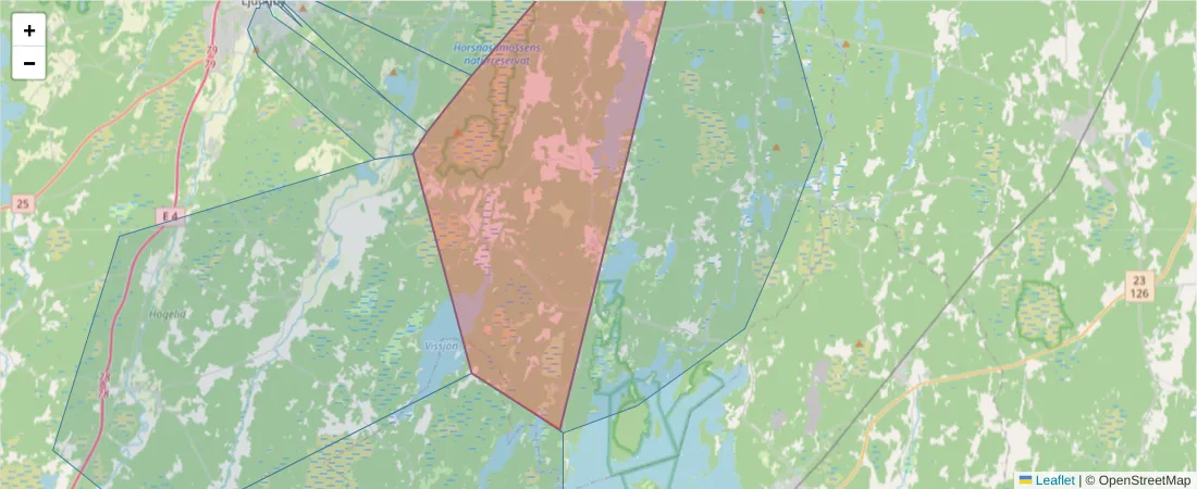 Karta över postnummerområdet  och angränsande postnummer i Sverige