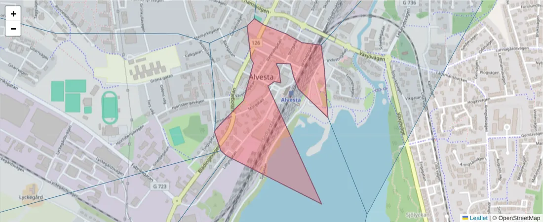 Karta över postnummerområdet  och angränsande postnummer i Sverige