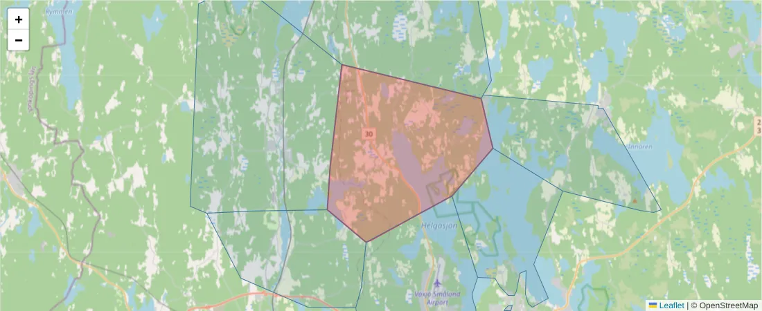 Karta över postnummerområdet  och angränsande postnummer i Sverige