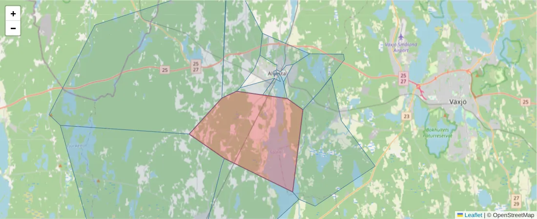 Karta över postnummerområdet  och angränsande postnummer i Sverige