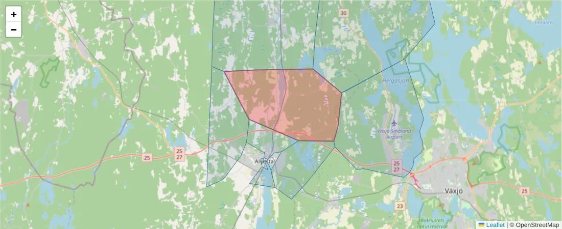 Karta över postnummerområdet  och angränsande postnummer i Sverige