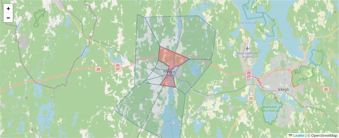 Karta över postnummerområdet  och angränsande postnummer i Sverige