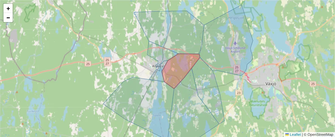 Karta över postnummerområdet  och angränsande postnummer i Sverige