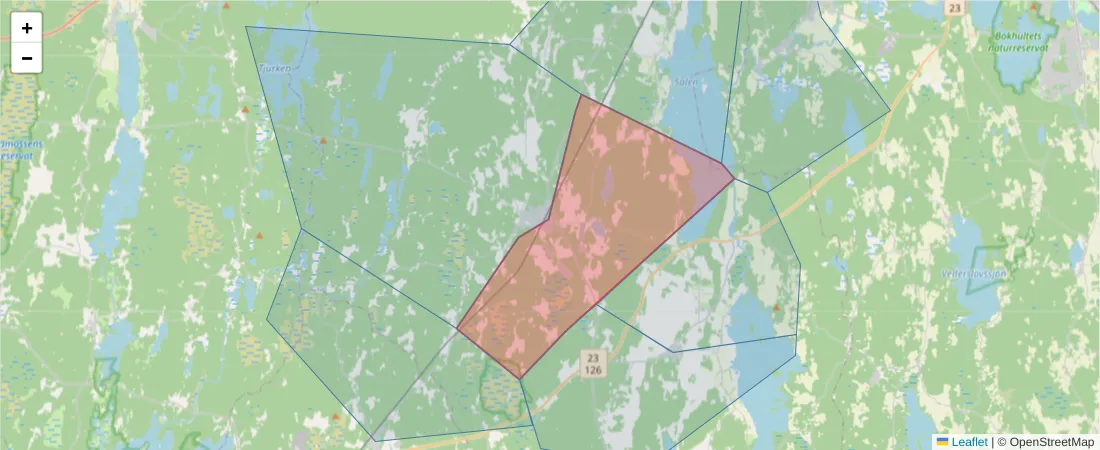 Karta över postnummerområdet  och angränsande postnummer i Sverige