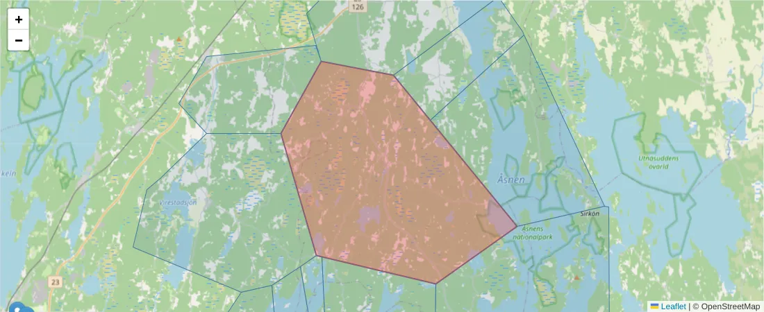 Karta över postnummerområdet  och angränsande postnummer i Sverige
