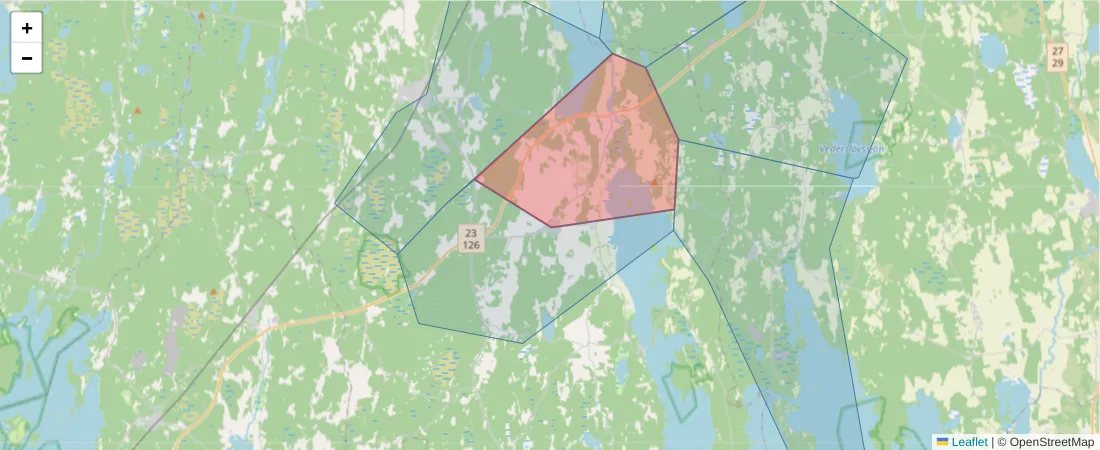 Karta över postnummerområdet  och angränsande postnummer i Sverige