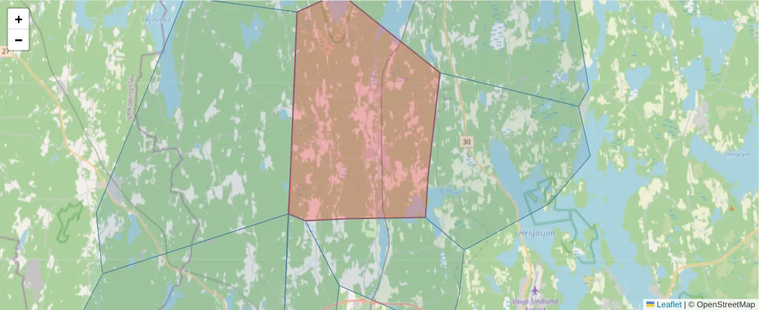 Karta över postnummerområdet  och angränsande postnummer i Sverige