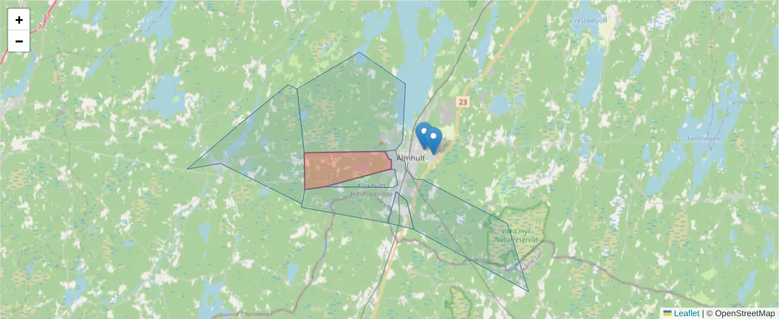 Karta över postnummerområdet  och angränsande postnummer i Sverige