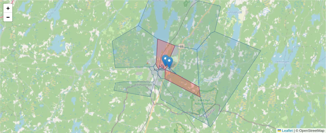 Karta över postnummerområdet  och angränsande postnummer i Sverige