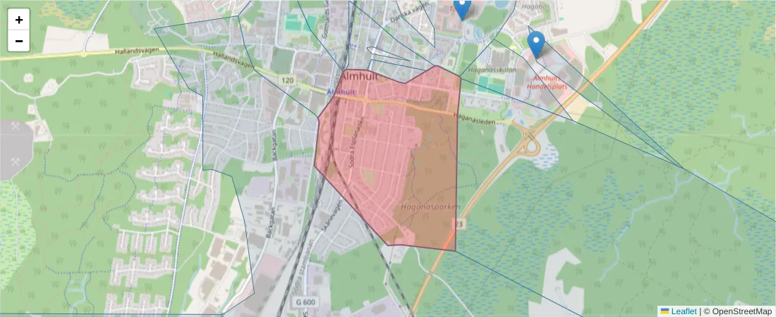 Karta över postnummerområdet  och angränsande postnummer i Sverige