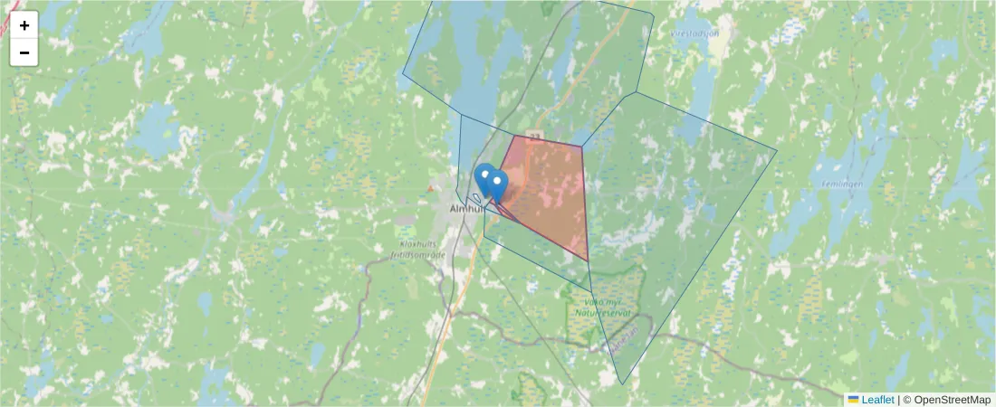 Karta över postnummerområdet  och angränsande postnummer i Sverige