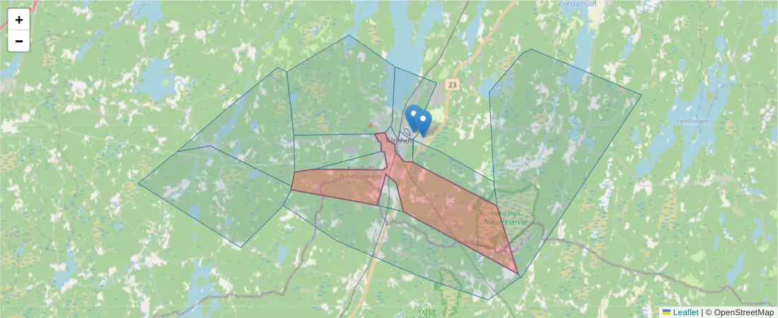 Karta över postnummerområdet  och angränsande postnummer i Sverige