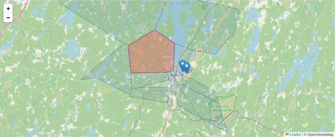 Karta över postnummerområdet  och angränsande postnummer i Sverige