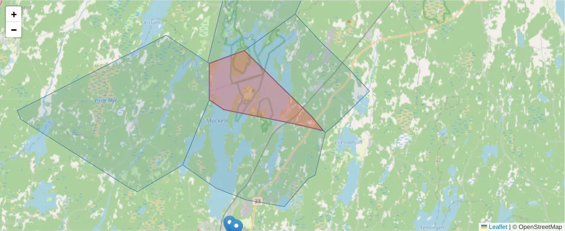 Karta över postnummerområdet  och angränsande postnummer i Sverige