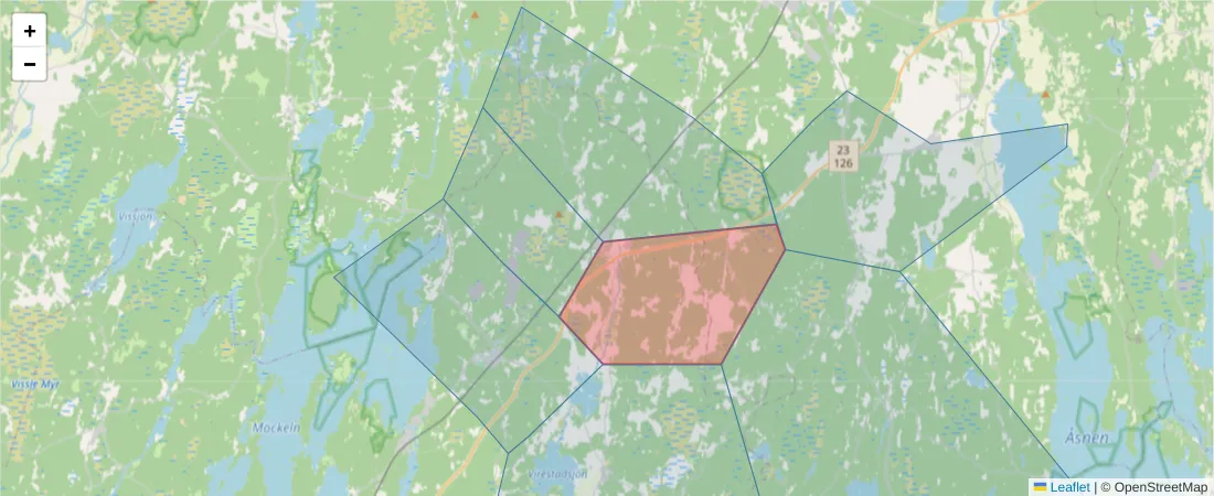 Karta över postnummerområdet  och angränsande postnummer i Sverige