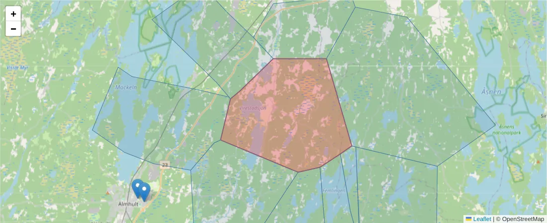 Karta över postnummerområdet  och angränsande postnummer i Sverige