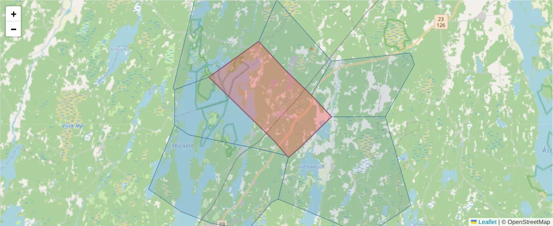 Karta över postnummerområdet  och angränsande postnummer i Sverige