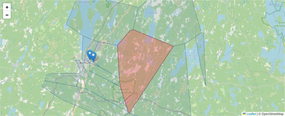Karta över postnummerområdet  och angränsande postnummer i Sverige