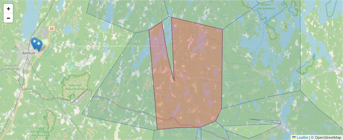 Karta över postnummerområdet  och angränsande postnummer i Sverige