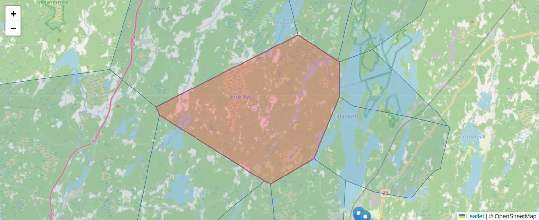 Karta över postnummerområdet  och angränsande postnummer i Sverige