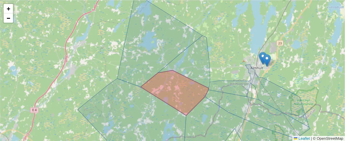 Karta över postnummerområdet  och angränsande postnummer i Sverige