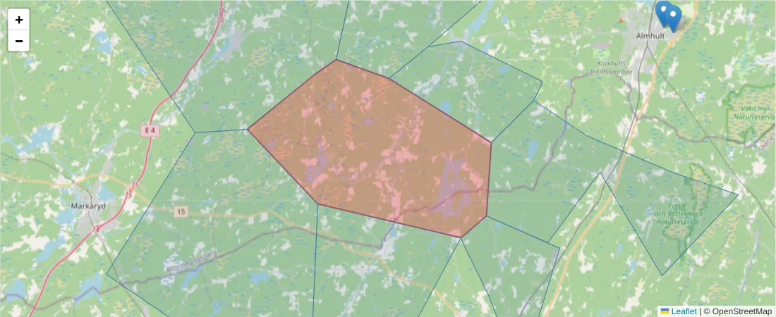 Karta över postnummerområdet  och angränsande postnummer i Sverige