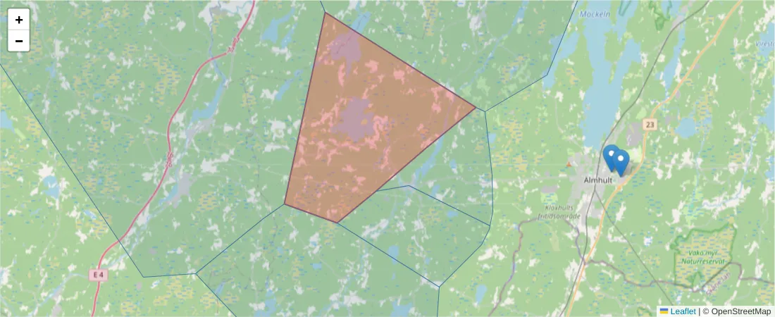 Karta över postnummerområdet  och angränsande postnummer i Sverige