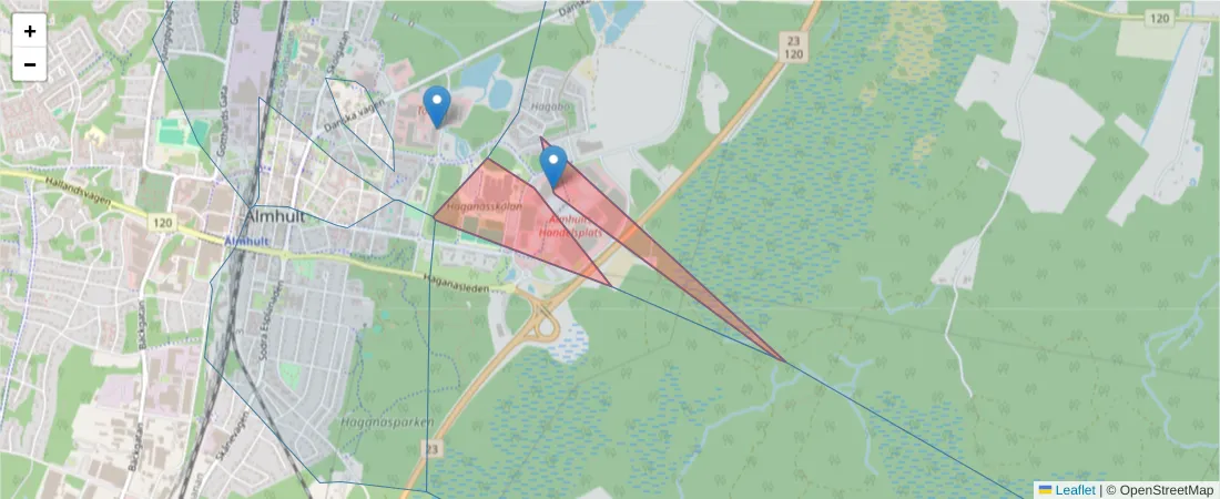 Karta över postnummerområdet  och angränsande postnummer i Sverige