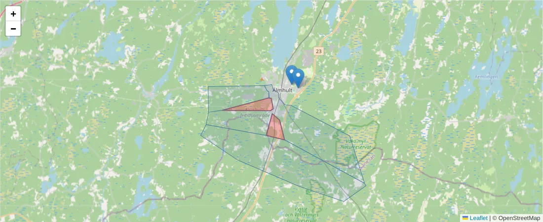 Karta över postnummerområdet  och angränsande postnummer i Sverige