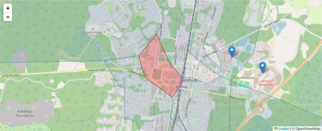 Karta över postnummerområdet  och angränsande postnummer i Sverige
