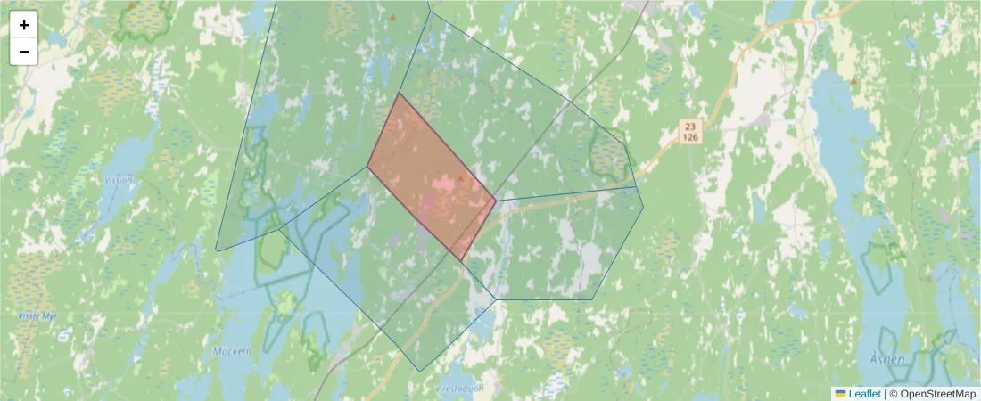 Karta över postnummerområdet  och angränsande postnummer i Sverige