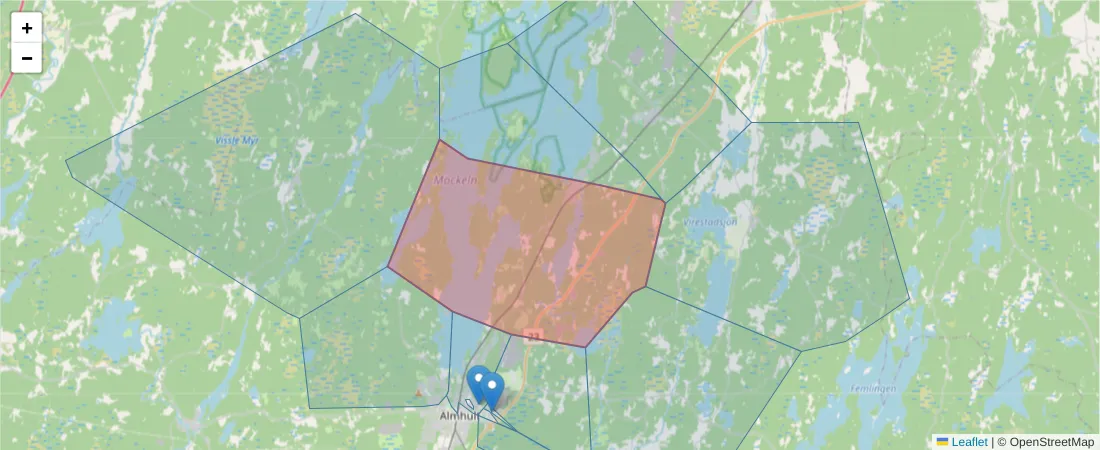 Karta över postnummerområdet  och angränsande postnummer i Sverige