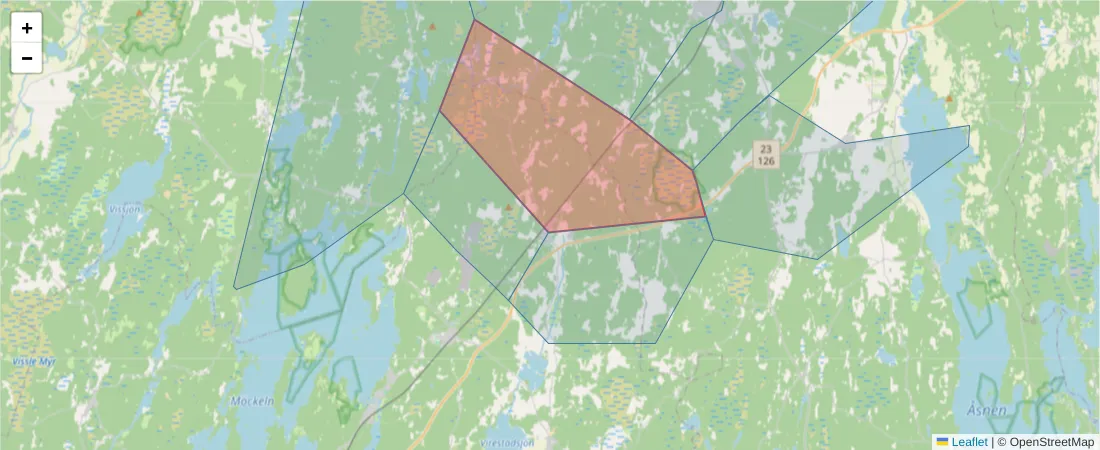 Karta över postnummerområdet  och angränsande postnummer i Sverige