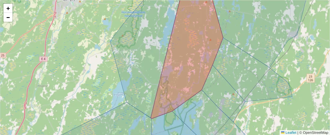 Karta över postnummerområdet  och angränsande postnummer i Sverige